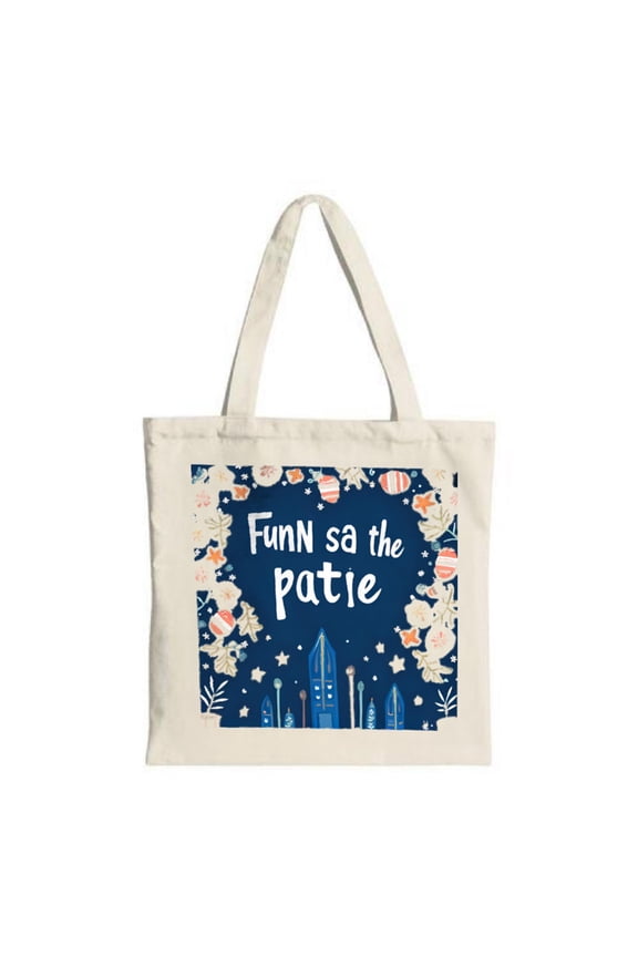 Colorful Balloon & Flower Design Tote Bag - Dark Blue Canvas " FUNN SA THE PATIE " Text Perfect for Parties Travel & Shopping
