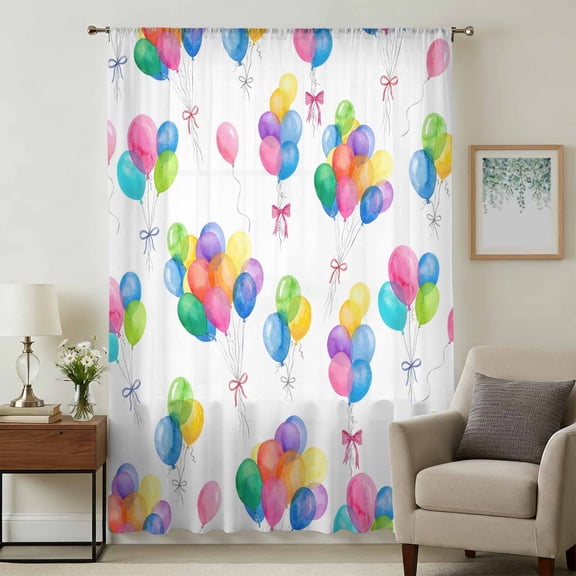 Colorful Balloon Sheer Curtains 45 Inches Long, Watercolor Balloons Bow Modern Light Filering Curtains, Breathable Simi Curtain Privacy Drapes for Kitchen Bathroom Lightweight Small Window Treatment