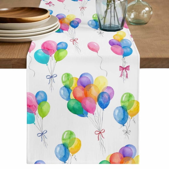 Colorful Balloon Table Runner, Watercolor Balloons Bow Modern Washable Cotton Linen Table Runners 36 Inches Long, Dresser Scarf Runner for Nightstand/End Tables/Round Tables 13''x36''