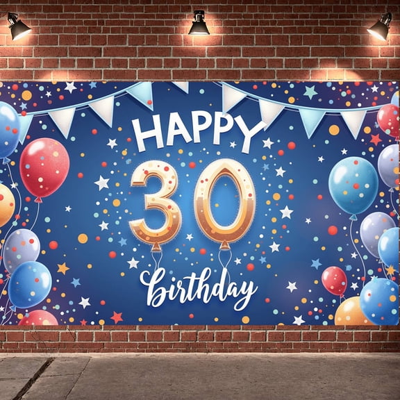 Colorful Balloons 30th Birthday Banner Gold Number 30 Happy 30th Display Blue Background Star Confetti 30th Party Backdrop for 30th Birthday Party Adult Celebration Photo Backdrop