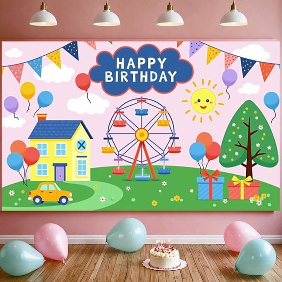 Colorful Balloons Banner Cartoon Ferris Wheel Birthday Party Backdrop Happy Sun Colorful Pennants Kids Celebration Display for Kids' Birthday Party Amusement Park Themed Party Birthday Photo Shoot