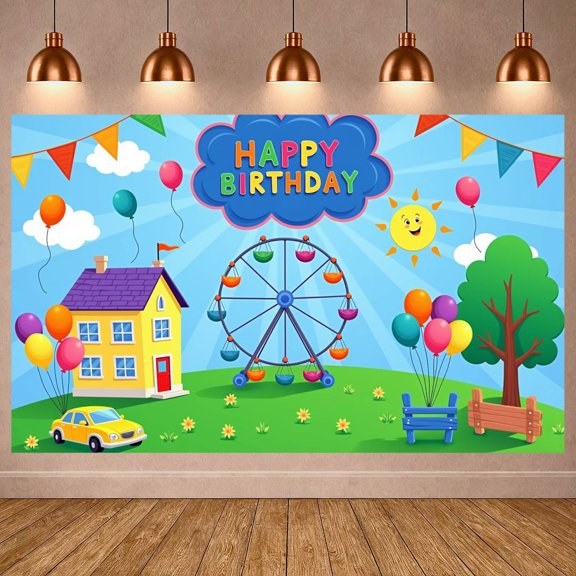 Colorful Balloons Banner Ferris Wheel Design Birthday Party Display Cartoon House Smiling Sun Party Backdrop for Kids Birthday Party Indoor Decoration Photo Shoot Backdrop