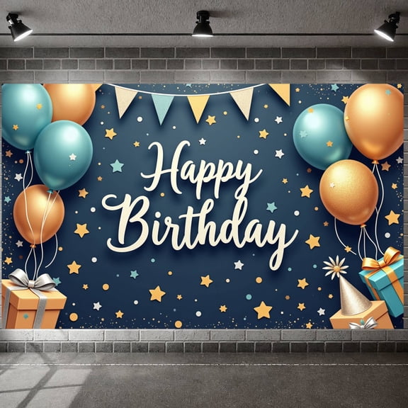 Colorful Balloons Banner Golden Stars Birthday Display Gift Boxes Navy Blue Background Party Backdrop for Birthday Party Kids' Celebration Photo Backdrop
