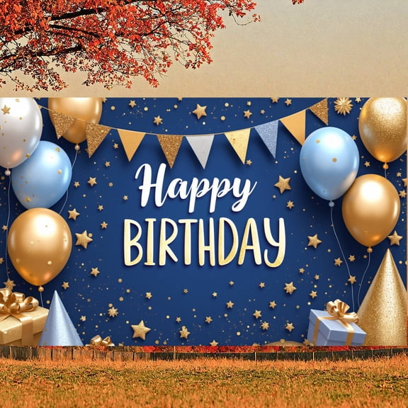 Colorful Balloons  Banner Golden Stars Birthday Display Gift Boxes Navy Blue Background Party Backdrop for Birthday Party Kids' Celebration Photo Backdrop
