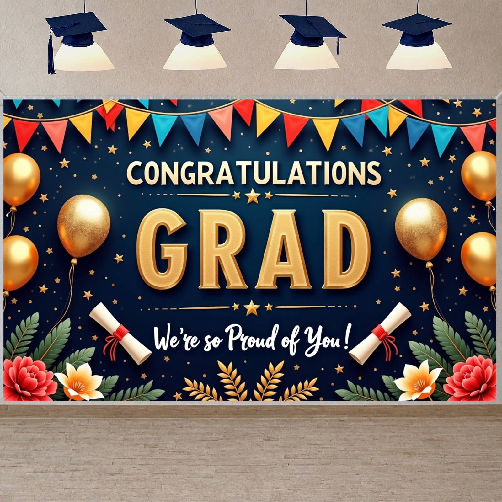 Colorful Balloons Graduation Banner 3D Letters Grad Backdrop Red ...