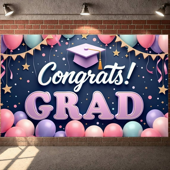Colorful Balloons Graduation Banner Golden Stars Congrats Backdrop Purple Grad Cap Streamers Grad Display for Graduation Ceremony Grad Party Photo Backdrop