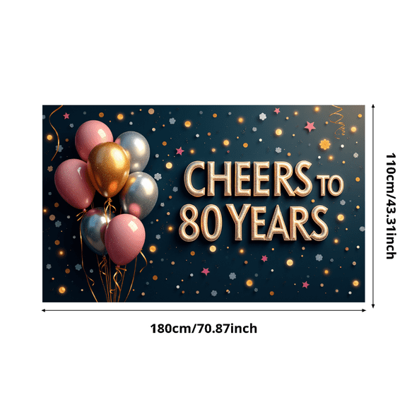 Colorful Balloons Happy Birthday Banner Glitter Design Cheers to 80 Years for Milestone Celebration Senior Party Decorative