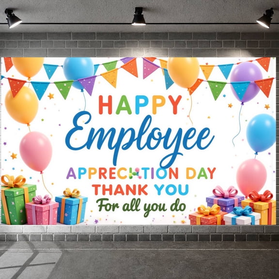 Colorful Balloons Happy Employee Appreciation Banner Multicolor Lettering Staff Recognition Display Gift Box Decor Triangular Bunting Workplace Gratitude Backdrop for Office Event Staff Appreciation