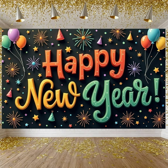 Colorful Balloons Happy New Year Banner Firework Decorations New Year Display Star Patterns Party Hats Festive Backdrop for New Year Party Holiday Celebration Indoor Decoration