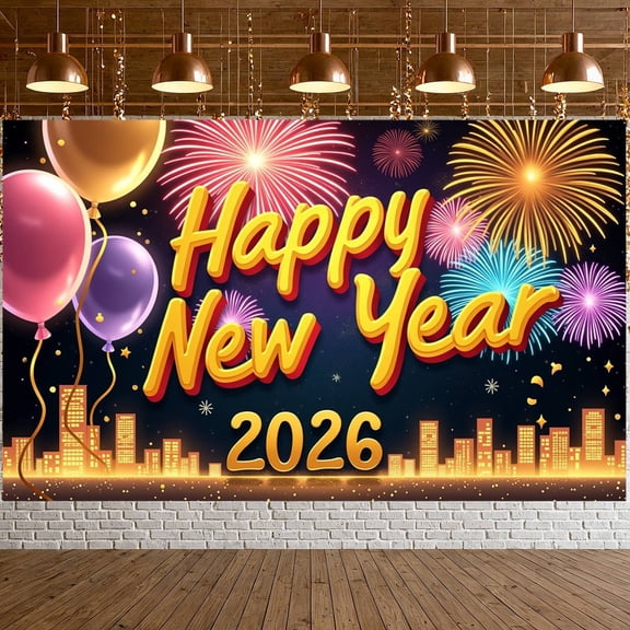 Colorful Balloons Happy New Year Banner Fireworks 2026 New Year Display Golden Letters City New Year Backdrop for New Year Party Holiday Celebration Family Gathering