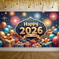 thumbnail image 1 of Colorful Balloons Happy New Year Banner Golden Stars 2026 Banner Fireworks Design Gift Boxes Ornate Border Festival Banner for New Year Party Holiday Celebration Indoor Decoration, 1 of 9