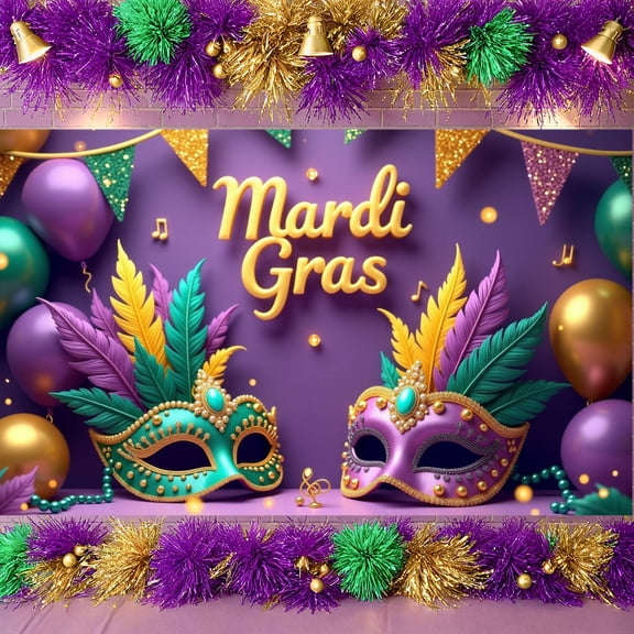 Colorful Balloons Mardi Gras Banner Feather Decor Carnival Display Mask Elements Purple Green Gold Festive Backdrop for Mardi Gras Party Carnival Celebration Masquerade Ball