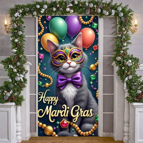 Colorful Balloons Mardi Gras Banner Golden Beads Masquerade Display Purple Bowtie Ornate Mask Carnival Backdrop for Carnival Party Masquerade Event Feline Themed Celebration