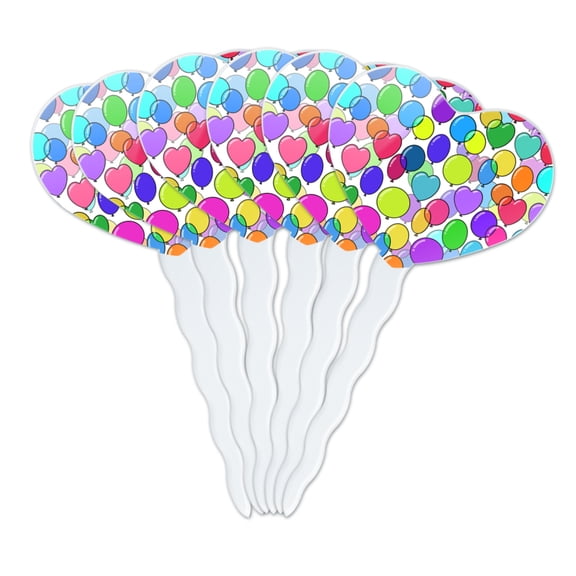 Colorful Balloons Pattern Heart Love Cupcake Picks Toppers Decoration Set of 6