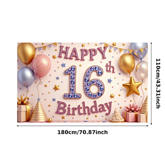 Colorful Balloons Sweet 16 Banner Glitter Stars Festive Design Birthday Celebration Backdrop for Party Decoration Photography Event