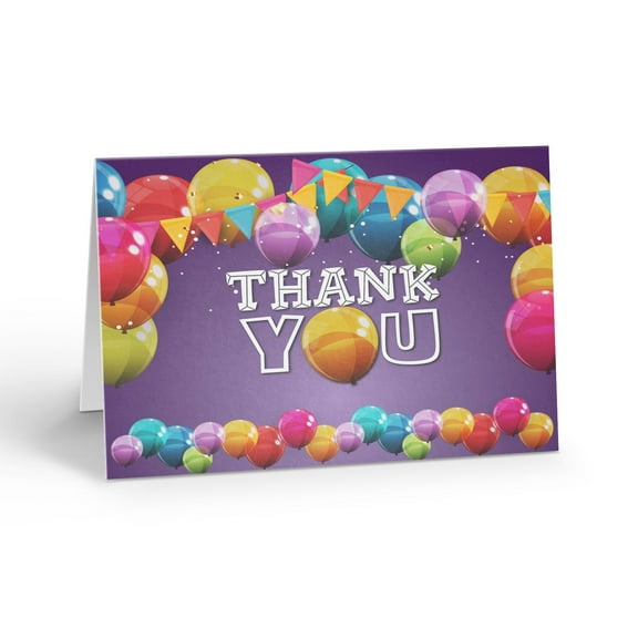 Colorful Balloons Thank You Note Card - 10 Note Cards with Envelopes - Balloons