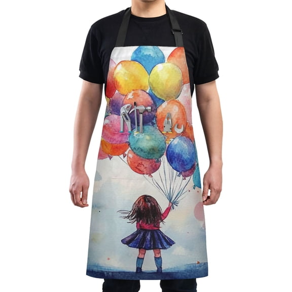 Colorful Balloons and Girl Chef Kitchen Apron with Pockets for Women Waterproof Aprons for Cooking Baking
