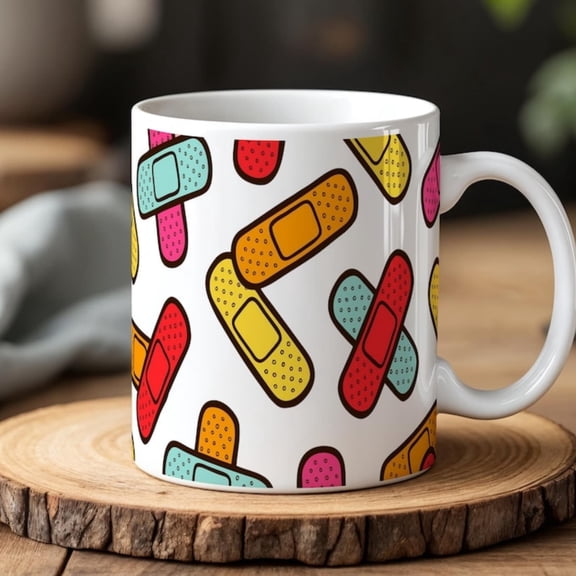 Colorful Bandage Pattern Mug Fun Medil Coffee Cup Nurses Doctors Healte Workers.