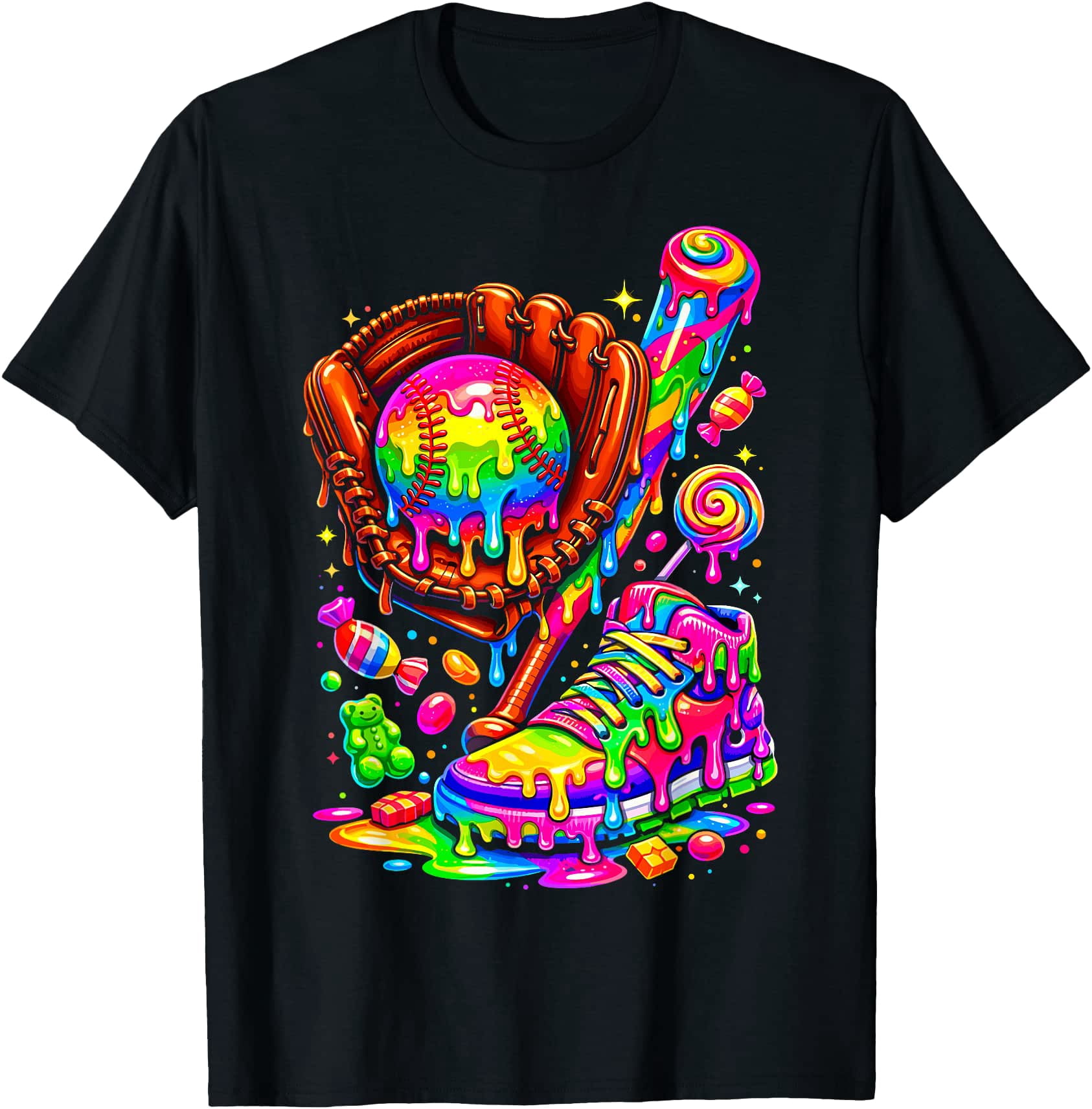 Colorful Baseball Glove Bat Candy Drip Bright Sports Art T-Shirt ...