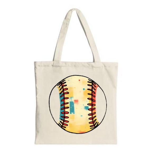 Colorful Baseball Tote Bag - Canvas Red Stitching Gradient Blue Yellow & Red Background Perfect for Shopping Travel & Parties