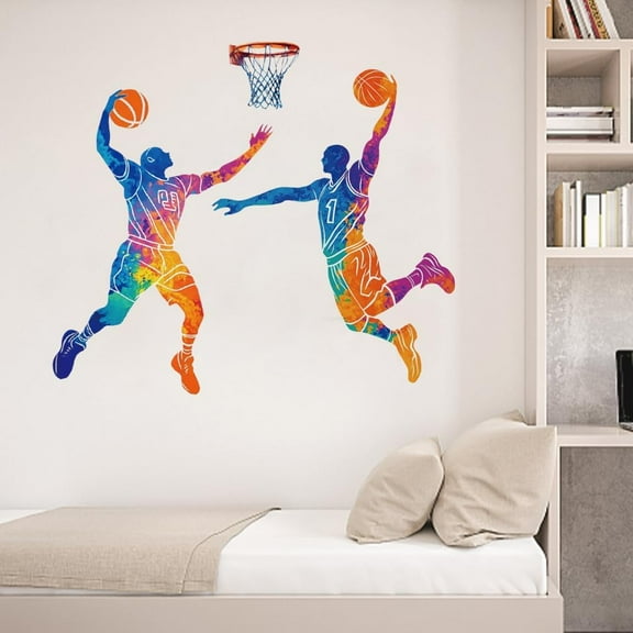 Colorful Basketball Player Wall Stickers Watercolor Wall Decal Sports Wall Art Decor Colorful Window Sticker Art Decorations Decor for Basketball Gymnasium Classroom Playroom School Colorful DIY