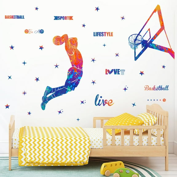 Colorful Basketball Wall Decals DIY Stars Sports Player Silhouette Wall Stickers Peel & Stick Removable Basketball Wall Decor Art Murals for Boys Teens Bedroom Playroom Classroom Office