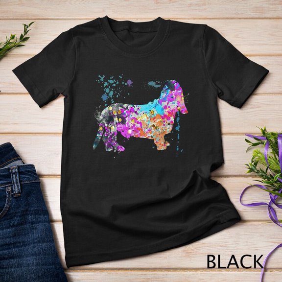 Colorful Basset Hound Dog Portrait Paint Splash Art Droopy Hound T-Shirt