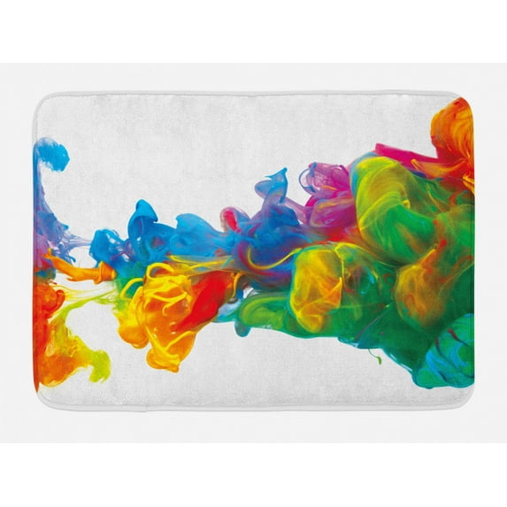 Colorful Bath Mat, Composition of Art of Rainbow Ink Mixing Irregular Shapes Flowing in Air, Plush Bathroom Decor Mat with Non Slip Backing, 29.5" X 17.5", Multicolor, by Ambesonne