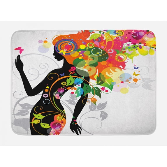 Colorful Bath Mat, Madame Butterfly Modern Version with Spring Spiral Circles Leaf Botany Girl Print, Non-Slip Plush Mat Bathroom Kitchen Laundry Room Decor, 29.5 X 17.5 Inches, Multicolor, Ambesonne