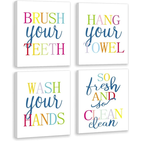 Colorful Bathroom Wall Decor Rainbow Frame Wall Art Set of 4(8X10) Kids Motivational Canvas Signs Funny Rules Wall Print So Clean Art Printing for Toilet Washroom Bathroom Laundry Pictogram