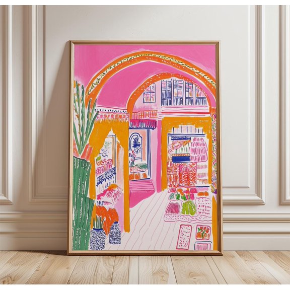 Colorful Bazaar Poster, Moroccan Market Wall Art Print, Vibrant Interior Scene, Boho Travel Artwork, Mediterranean Decor, Poster Only