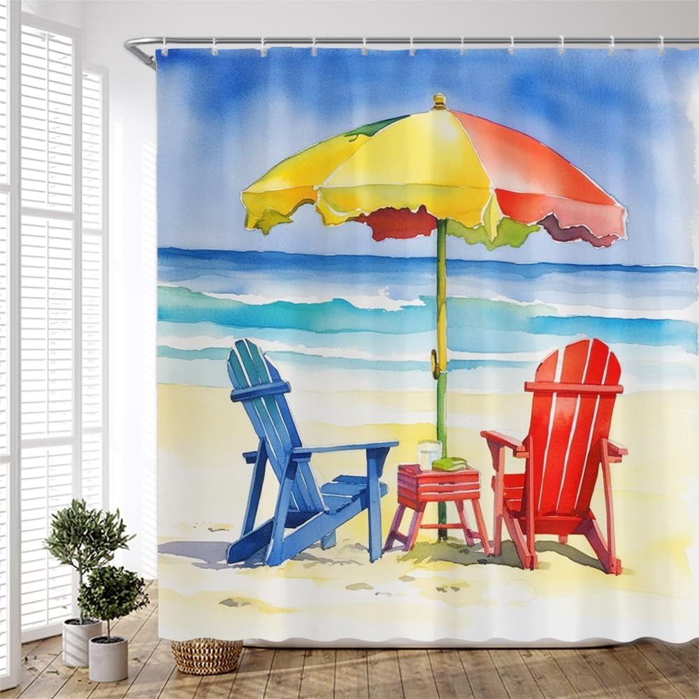Jingjiji Summer Ocean View Shower Curtain - Palm Tree Seagull Design, Waterproof Polyester, 70x70 Inches, Blue