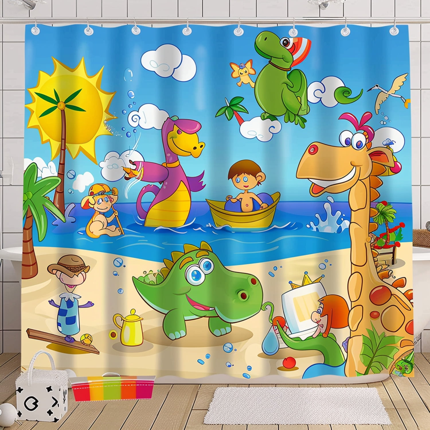 Colorful Beach Fun Shower Curtain Set for Kids Cute Baby Crocodile