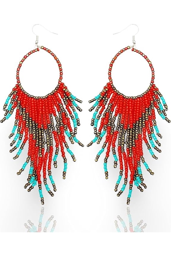 Colorful Bead Dangles, Cowboy Chic Earrings for Women, Boho Handmade Red, Gold, Turquoise Earrings, Ethnic Dangling Beads Design, Gift-Ready, Perfect for Concerts & Festivals - Red Teal Bead