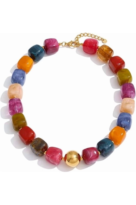 Colorful Beaded Choker Necklace for Women: Boho Large Square Acrylic Beaded Necklace Stainless Steel Adjustable Surfer Beach Strand Necklaces Summer Handmade Jewelry Gift for Women