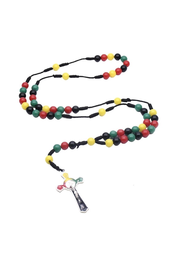 Catholic Faith Rosary Necklace with Colorful Beads and Crosses Pendants Braided Rope Necklace for Devotional Use