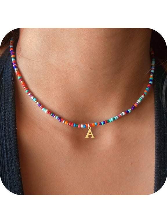 Colorful Beaded Initial Choker Necklace for Women Girls Letter A-Z Cute Jewelry Trendy Birthday Teacher Appreciation Mothers Day Graduation Gifts for Her Mom Kids Teen Girls Wife Ideas