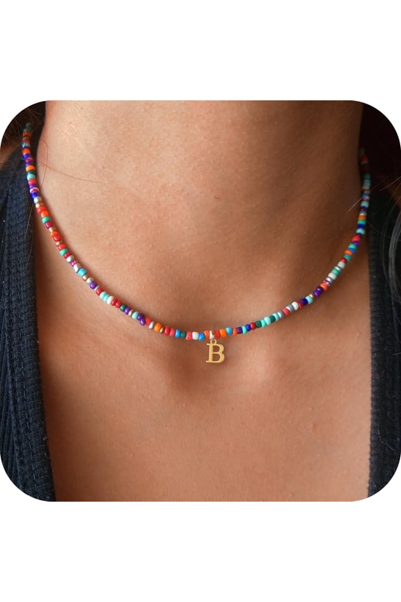 Colorful Beaded Initial Choker Necklace for Women Girls Letter A-Z Cute Jewelry Trendy Personalized Birthday Gifts for Women Teen Girl Kids