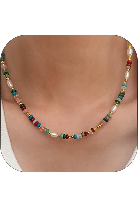 Colorful Beaded Necklace for Women Gemstone Neckelaces Natural Stone Freshwater Pearl Necklace Colorful Rainbow Boho Bead Choker Necklace Charm Jewelry