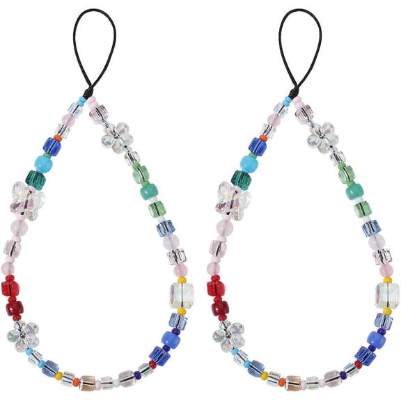 Colorful Beaded Phone Lanyard Wrist Strap Glass Crystal Cute Flower Butterfly Anti Lost Chain 2Pcs Exquisite Mobile Phone Chain String Phone Charm Strap Phone Case Accessories for Women