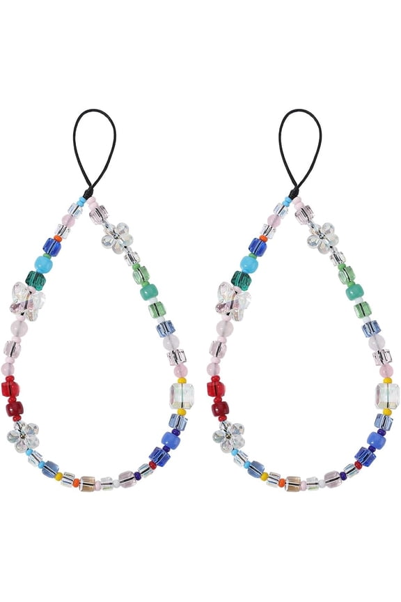 Colorful Beaded Phone Lanyard Wrist Strap Glass Cute Flower Butterfly Anti Lost Chain 2Pcs Exquisite Mobile Phone Chain String Phone Charm Strap Phone Case Accessories for Women