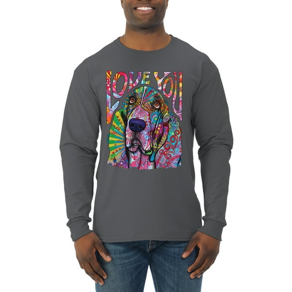 Colorful Beagle | Dogs Love You | Dean Russo Art Animal Lover Mens Long Sleeve Shirt, Charcoal, X-Large