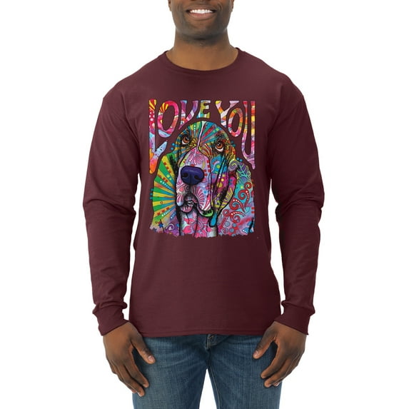 Colorful Beagle | Dogs Love You | Dean Russo Art Animal Lover Mens Long Sleeve Shirt, Maroon, Medium