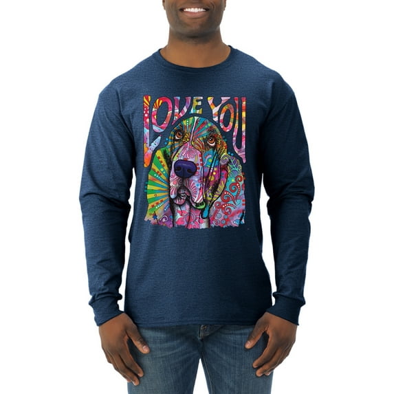 Colorful Beagle | Dogs Love You | Dean Russo Art Animal Lover Mens Long Sleeve Shirt, Vintage Heather Navy, Large
