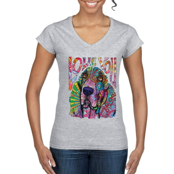 Colorful Beagle | Dogs Love You | Dean Russo Art Animal Lover Women's Standard V-Neck Tee, Heather Grey, X-Large