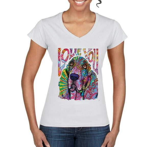 Colorful Beagle | Dogs Love You | Dean Russo Art Animal Lover Womenâ€™s Standard V-Neck Tee, White, Medium