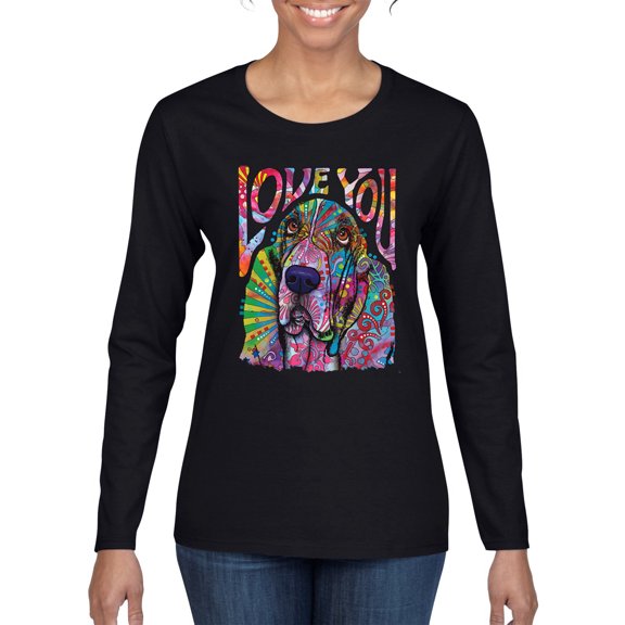 Colorful Beagle | Dogs Love You | Dean Russo Art Animal Lover Womens Long Sleeve T-Shirt, Black, Small