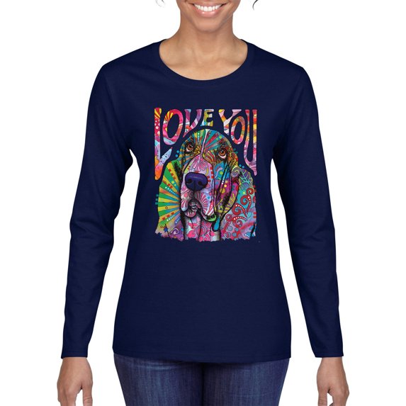Colorful Beagle | Dogs Love You | Dean Russo Art Animal Lover Womens Long Sleeve T-Shirt, Navy, Small