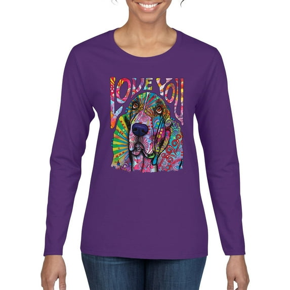 Colorful Beagle | Dogs Love You | Dean Russo Art Animal Lover Womens Long Sleeve T-Shirt, Purple, Large