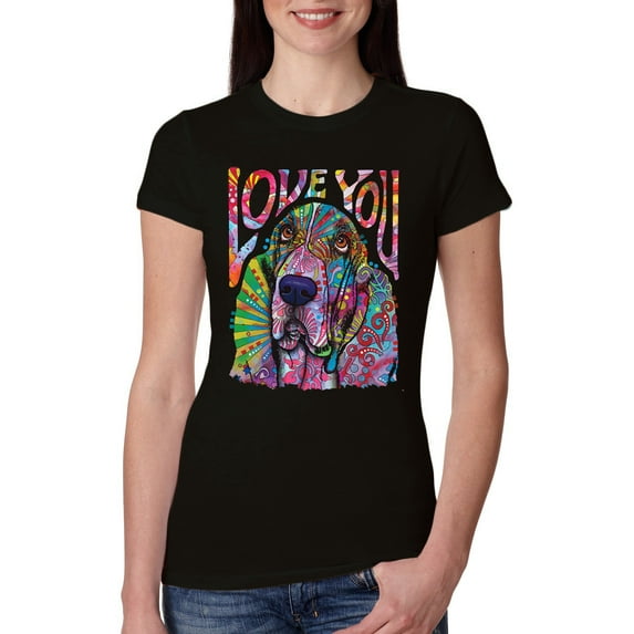 Colorful Beagle | Dogs Love You | Dean Russo Art Animal Lover Womens Slim Fit Junior Tee, Black, XX-Large
